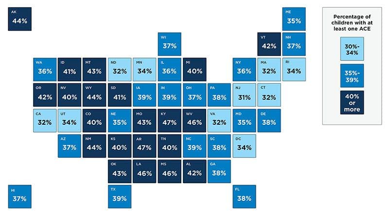 Figure. Among all states, the prevalence of adverse childhood experiences ranged from 31 percent to 47 percent in 2023